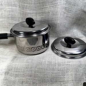 Vintage EKCO 2 Qt Stainless Steel Saucepan Black Scroll MCM Retro w 2 Lids